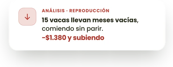 Aviso de Ganady: 15 vacas llevan meses vacías, comiendo sin parir. −$1.380 y subiendo